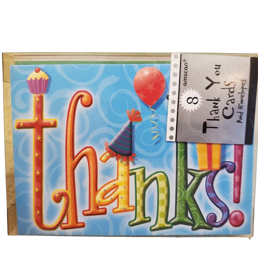 Amscan Rainbow Thank You Cards Party Hats Blank Cards 8 Envelopes 483462